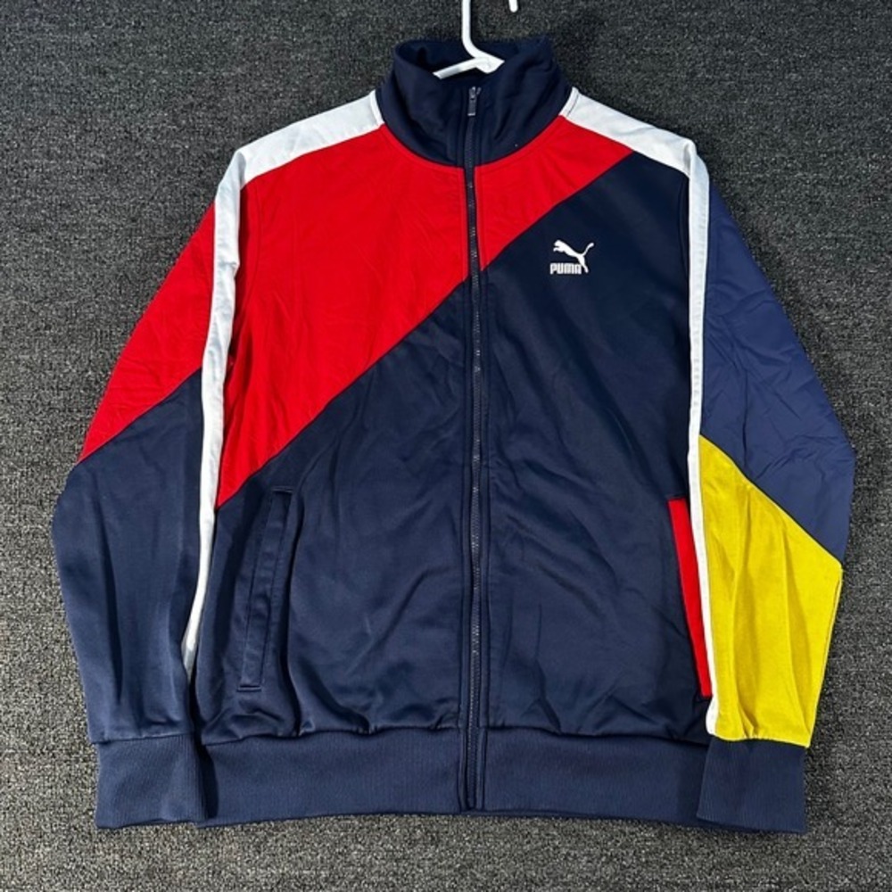 Puma Track Jacket Mens Large Navy Blue Red Good Colorblock Zip Up 598978-06